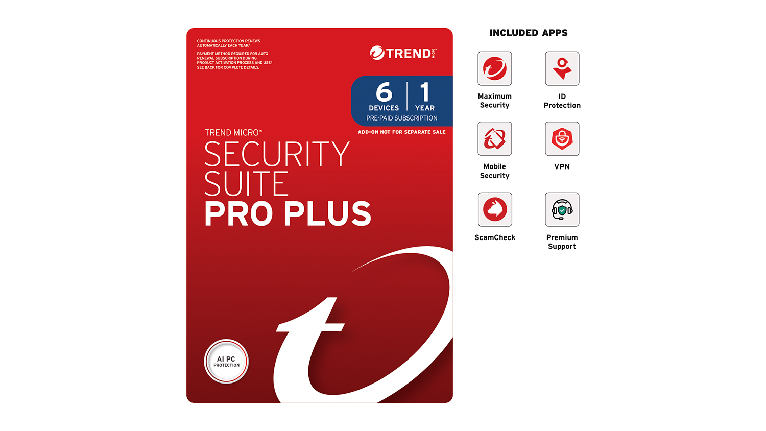 A Trend Micro Security Suite Pro Plus for 6 devices with a 1-year subscription