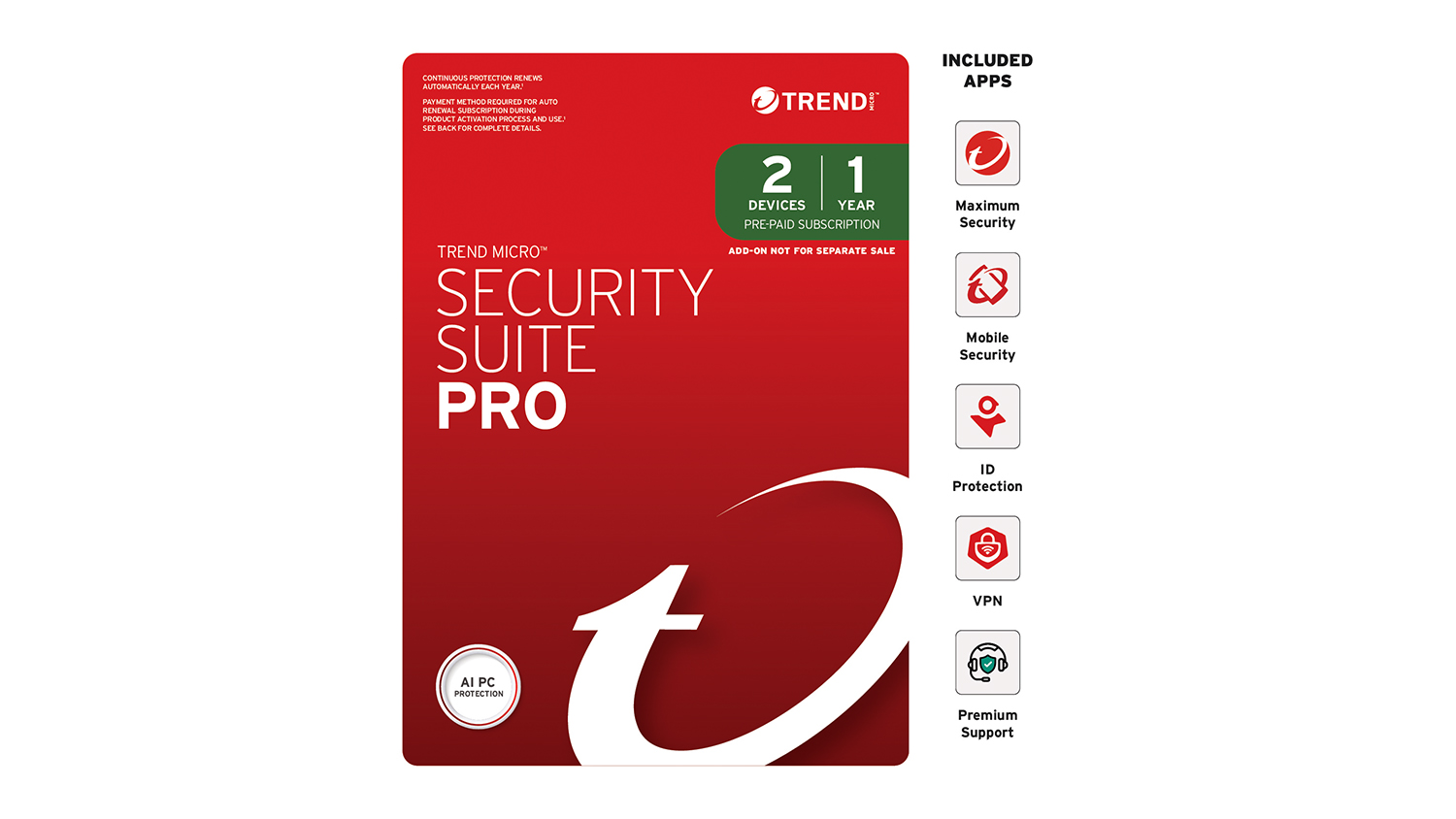A Trend Micro Security Suite Pro for 2 devices with a 1-year subscription