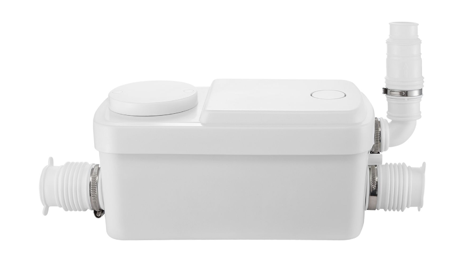 White MAXKON 300W Macerator sewage pump unit with side inlets and an outlet pipe attachment