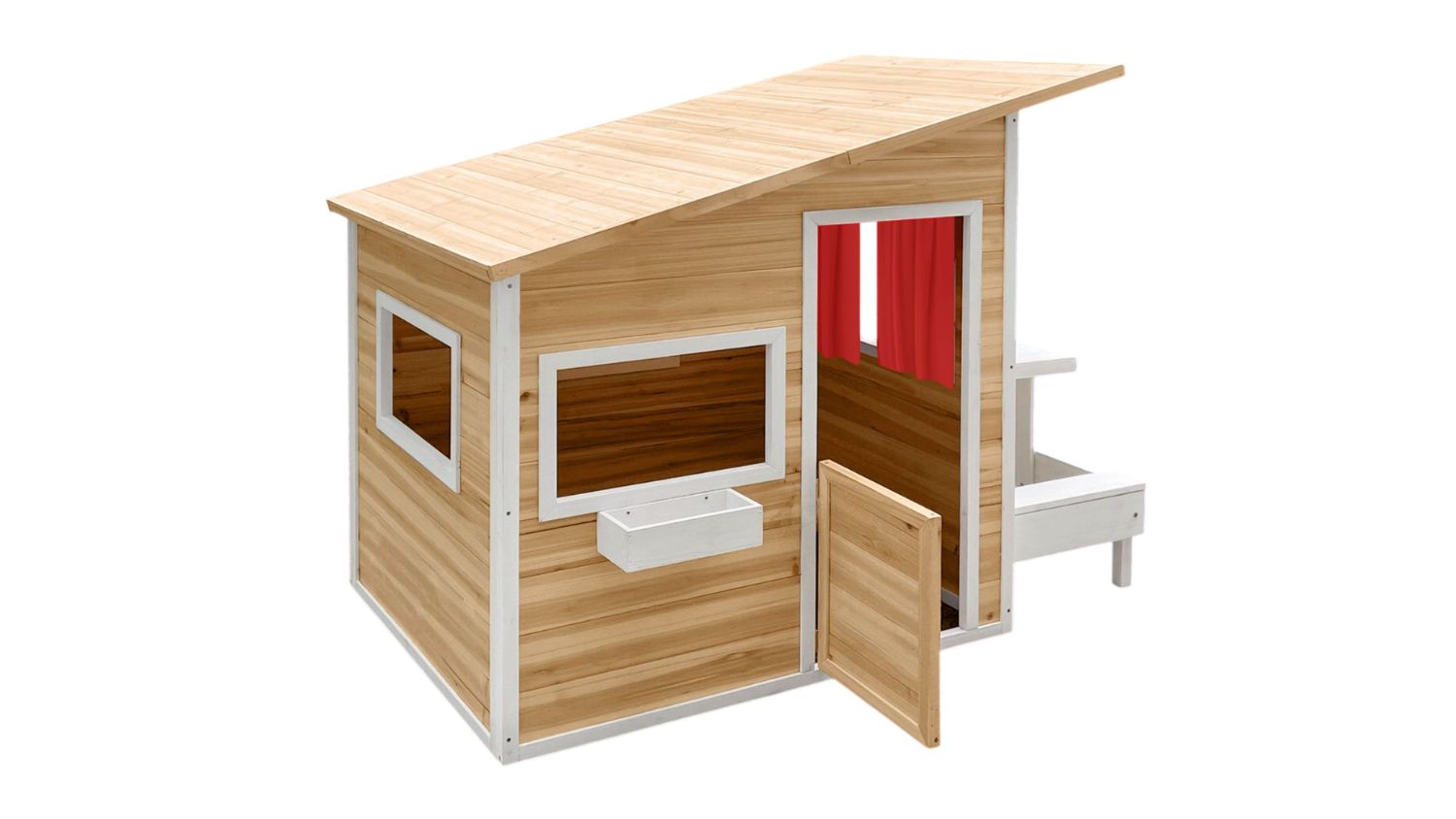 Kidbot Outdoor Wooden Playhouse with slanted roof, windows, planter box and open doorway