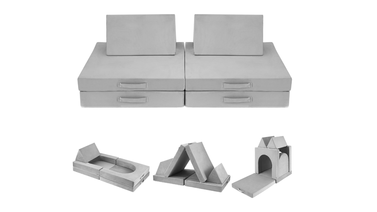 Modular grey KIDBOT Modular Play sofa shown in multiple foldable configurations for seating and play