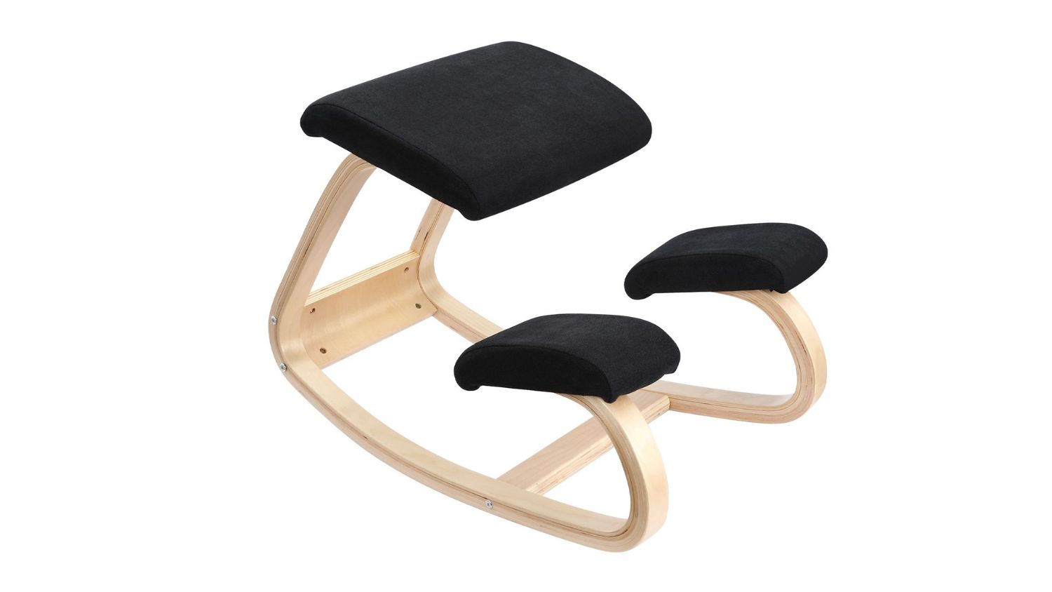 Ergonomic kneeling chair with black cushions and a curved wooden frame for improved posture