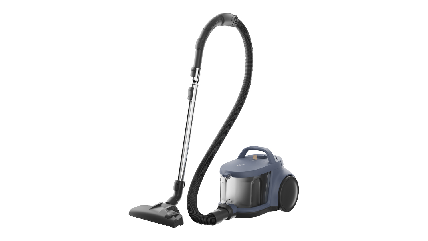 Profile view of the blue Electrolux Pet 500 canister vacuum with hose and floor nozzle attached