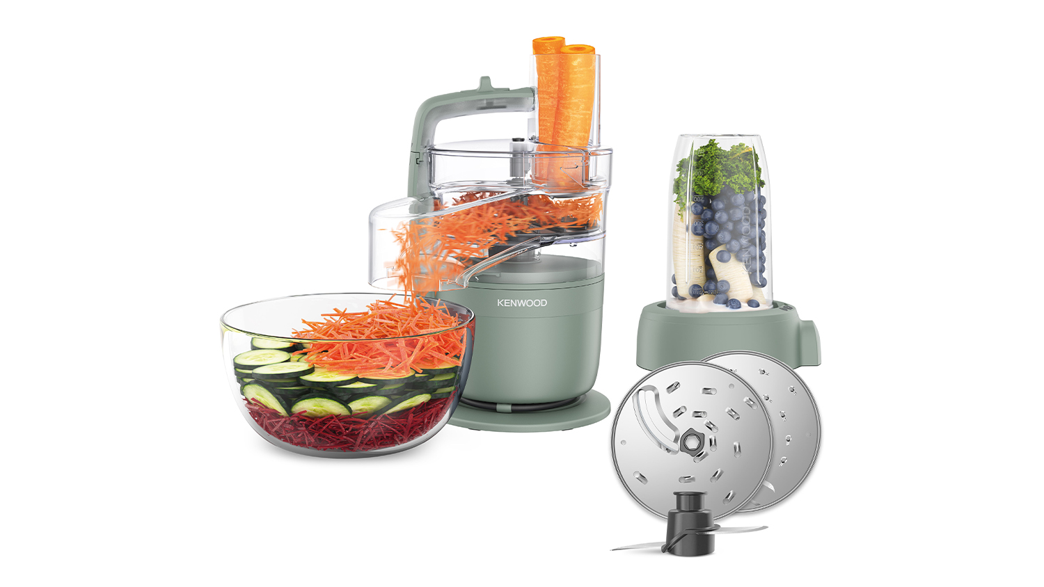 Kenwood MultiPro Go set showing food processor, blender attachment, blades, and sliced vegetables