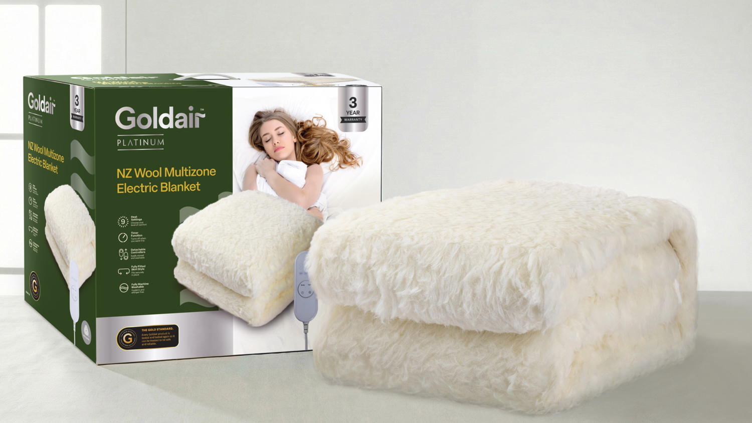 A Goldair Platinum Wool Multizone Electric Blanket with two controllers