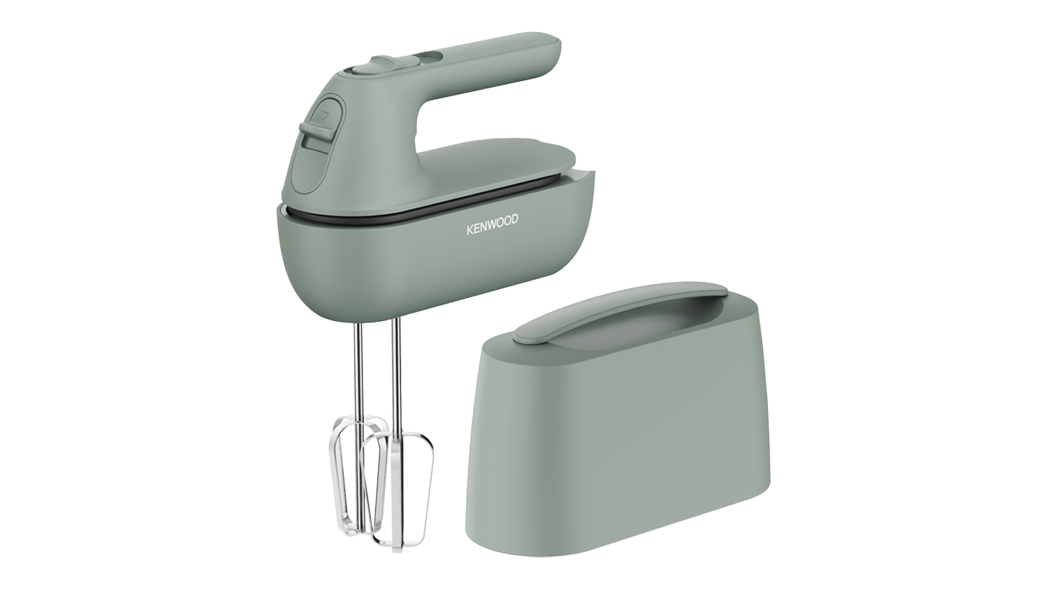 Kenwood QuickMix Go Hand Mixer in eucalyptus green with beaters and its matching storage cover
