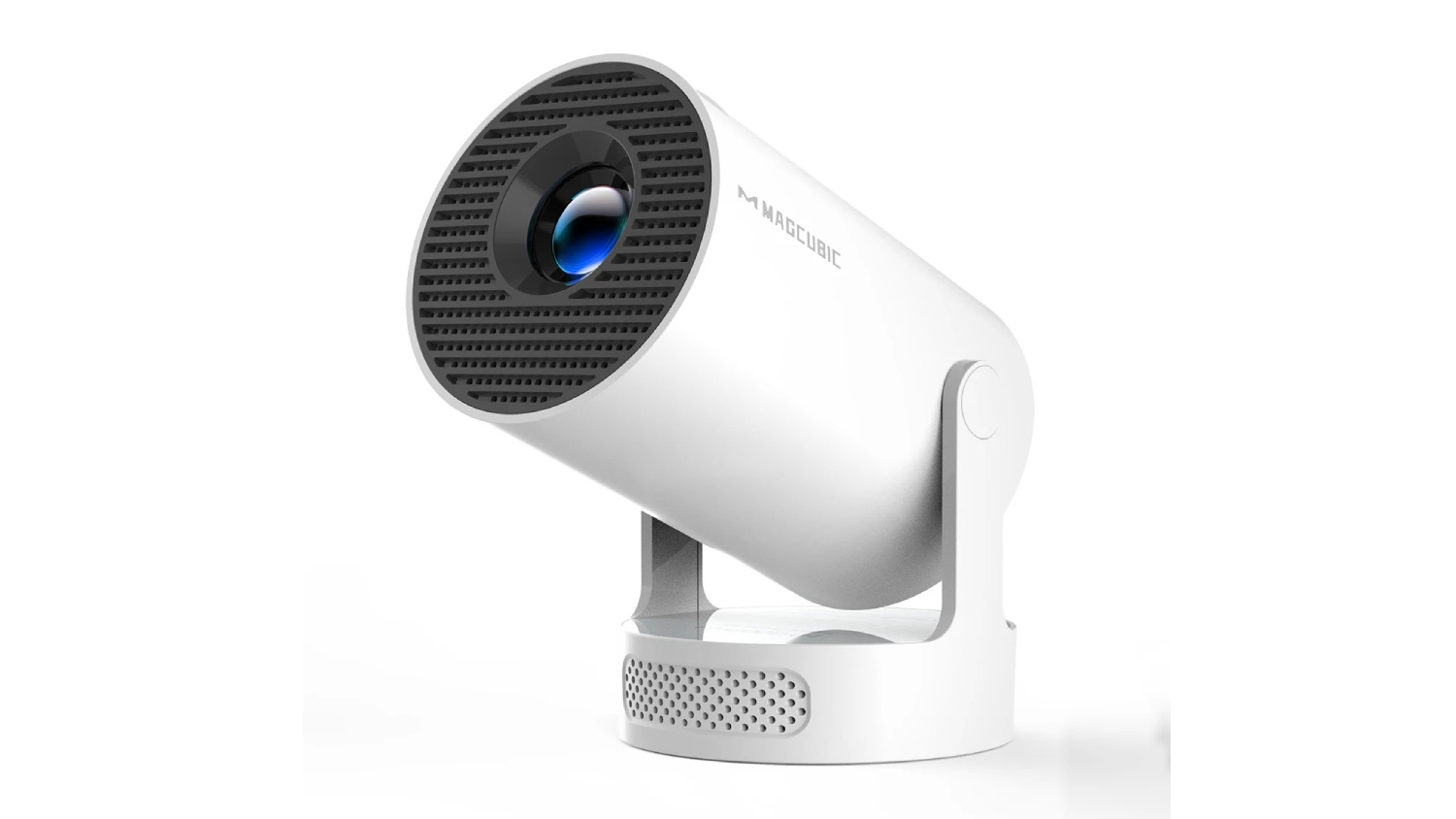 White Magcubic mini projector on a stand with a front lens and vented design