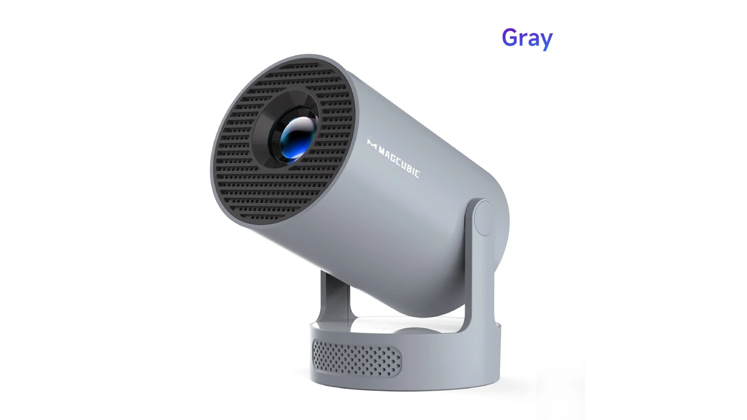Grey Magcubic mini projector angled upward on a stand