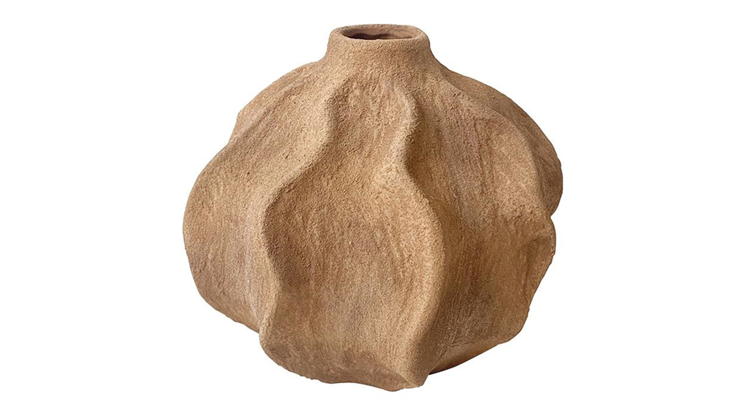 Front view of a 18cm Bijou Rust Stoneware Vase with organic, wavy vertical ridges