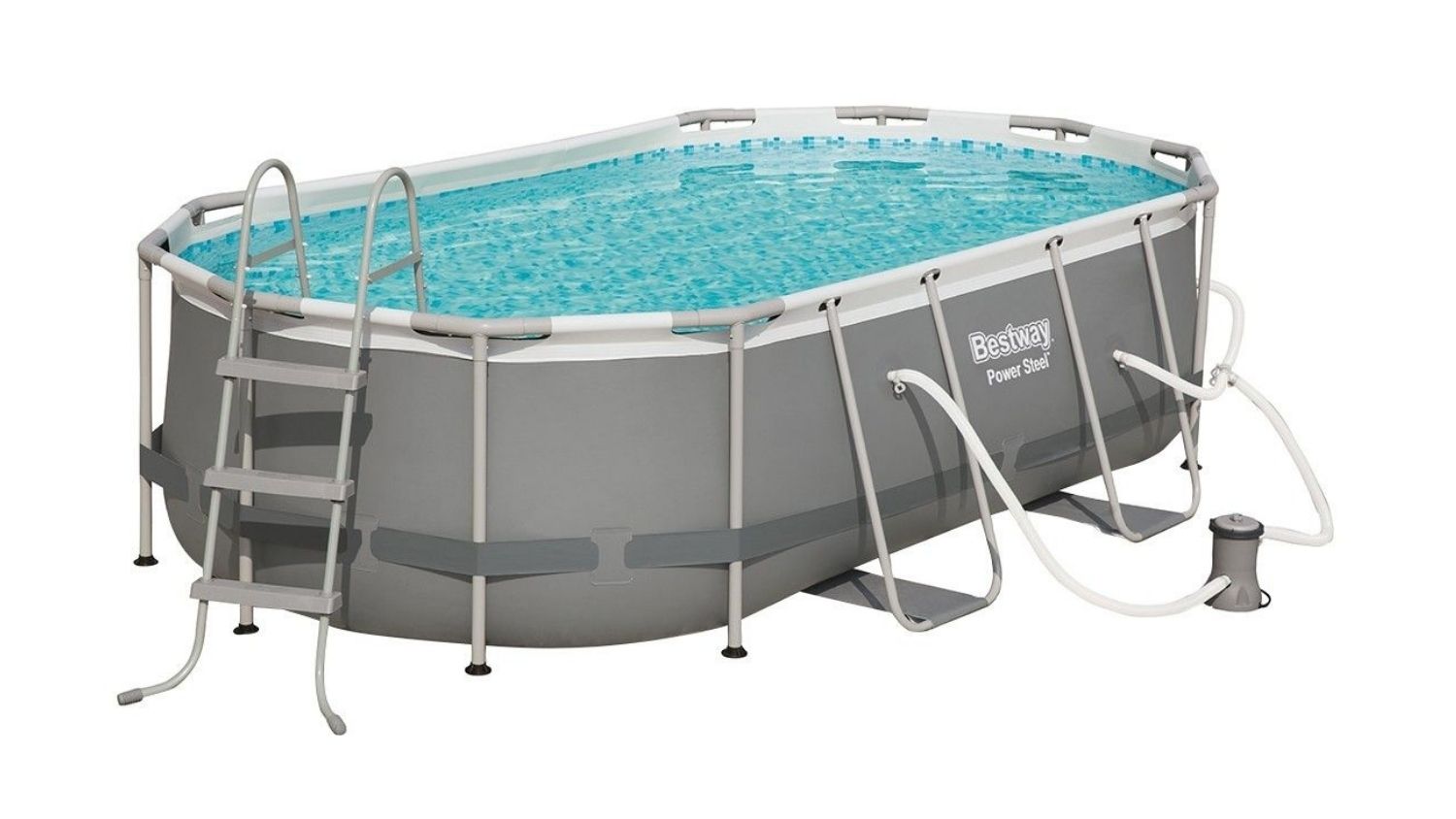 An angled view of the Bestway Power Steel oval above‑ground pool with sturdy steel frame, ladder, filter pump, and hoses 