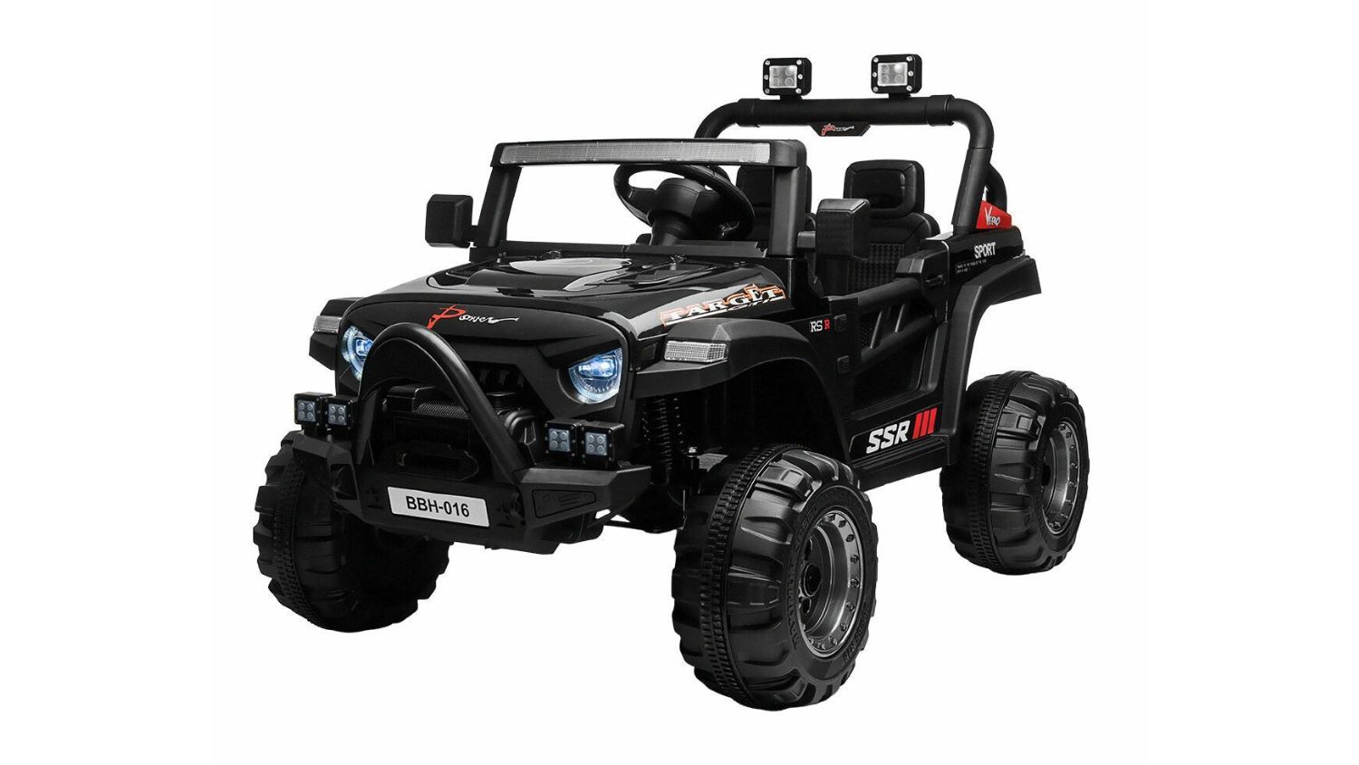 Angled view of black kids’ ride-on jeep showing large off-road wheels and front grill