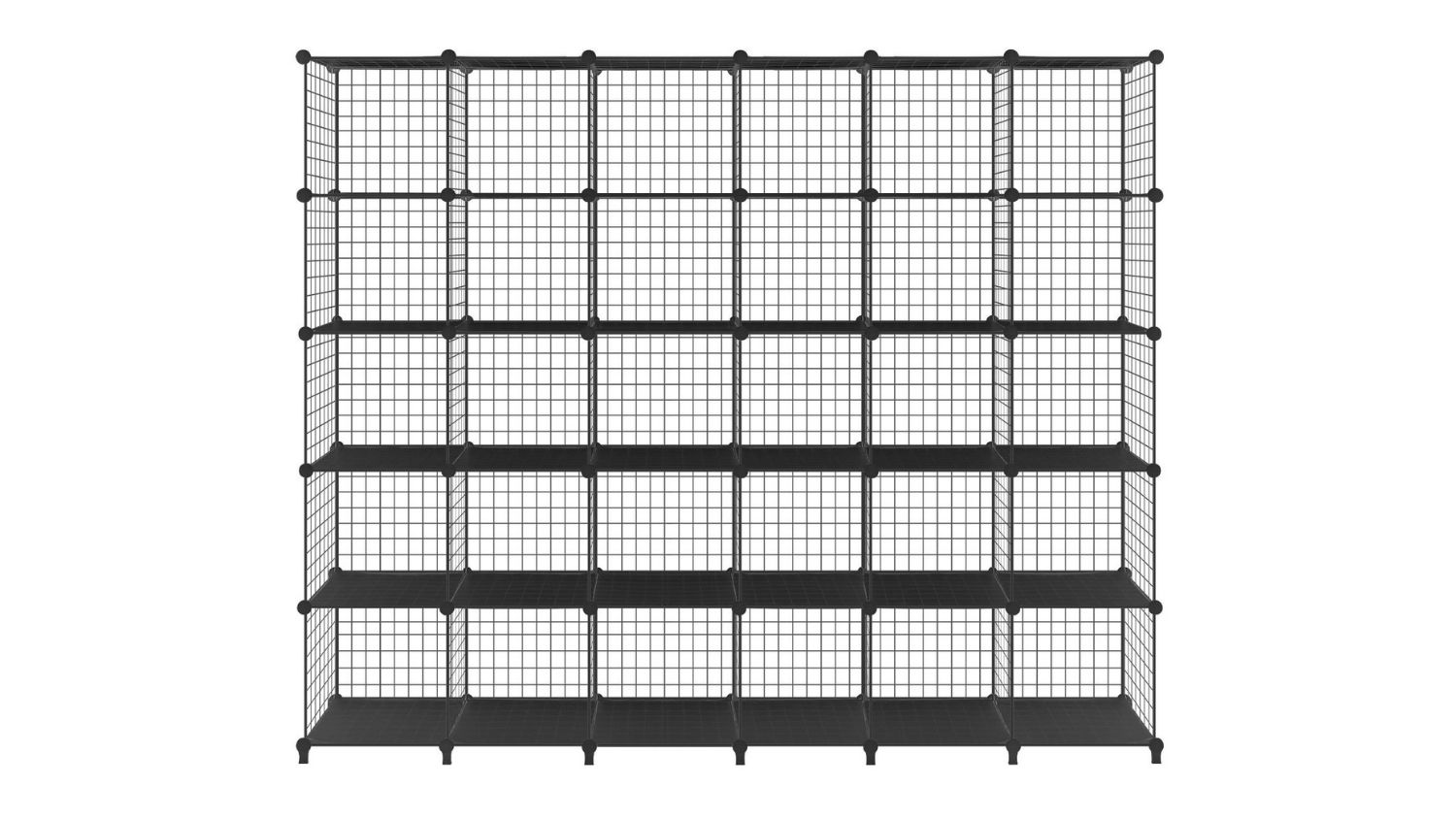 A front view of the large wire cube storage shelf unit with multiple grid sections in black finish