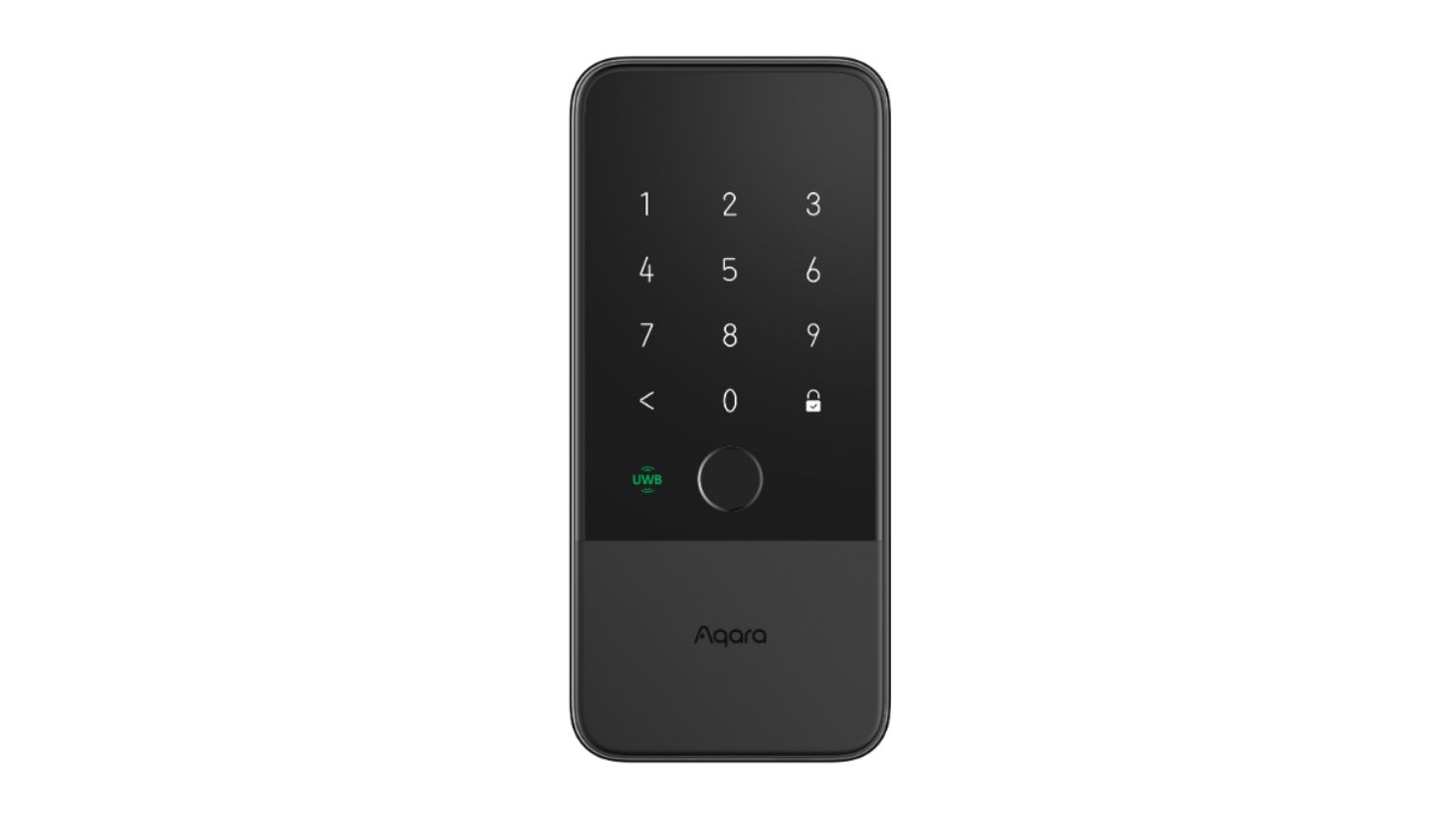 Front view Aqara U400 home smart lock kit with touch keypad, fingerprint sensor, and sleek black minimalist design