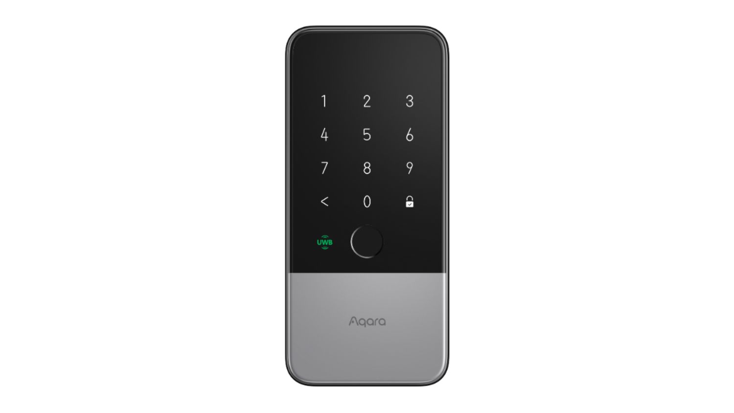 Front view Aqara U400 home smart lock kit with touch keypad, and fingerprint sensor