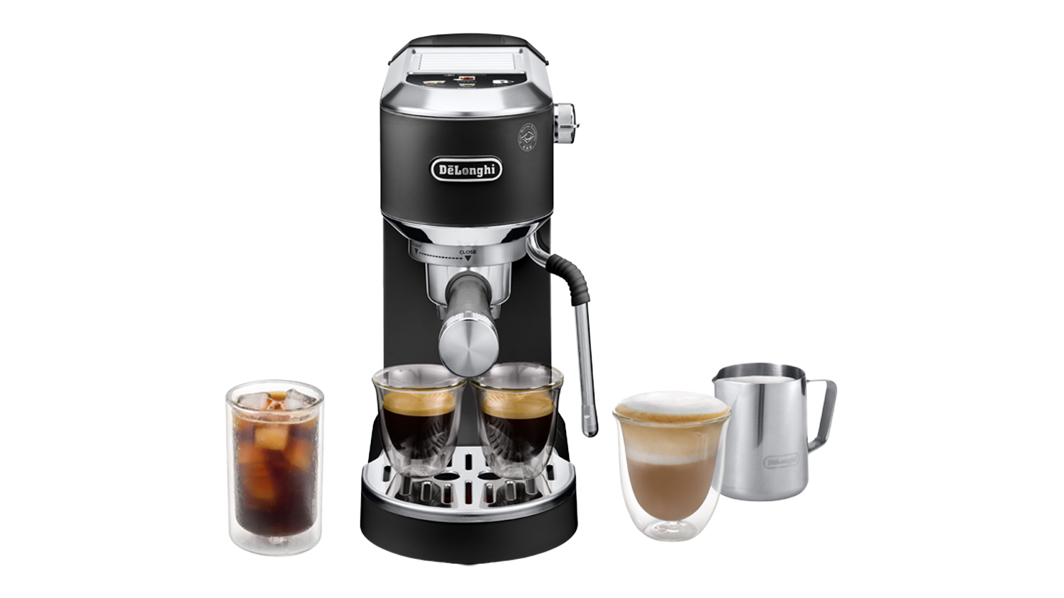 A black De'Longhi Dedica Duo Manual Espresso Machine
