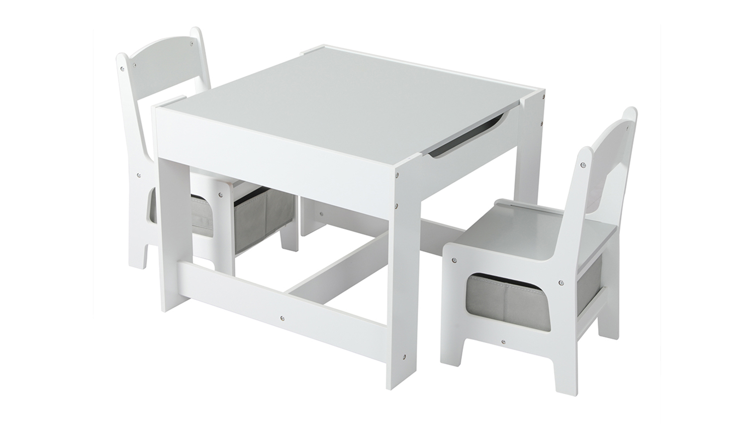 Bopeep Children's Furniture Set, featuring a white table and two chairs with grey storage bins