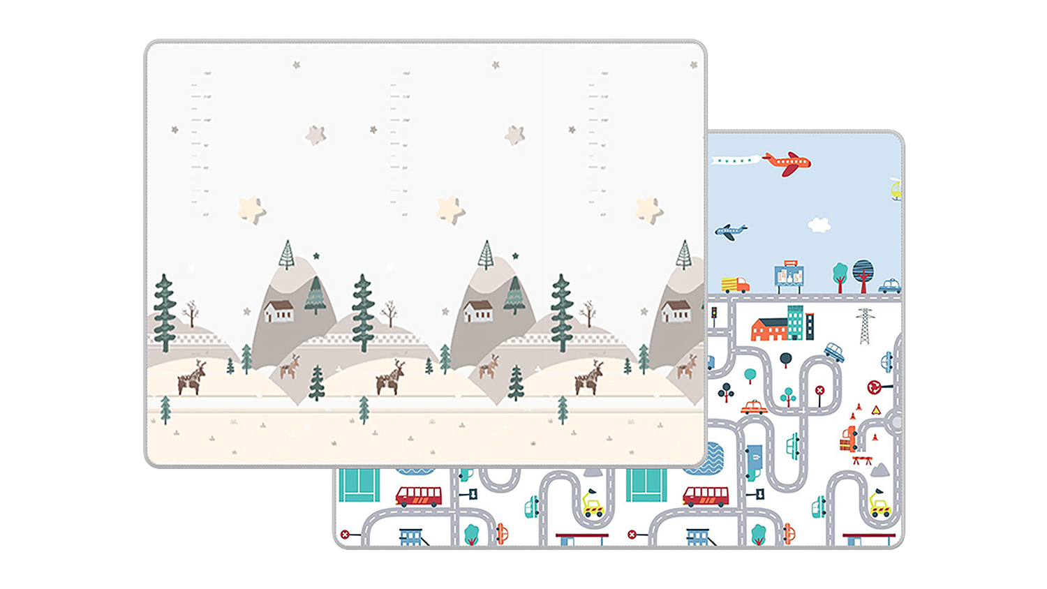 Bopeep reversible play mat showing the mountain landscape and city roadway patterns side-by-side