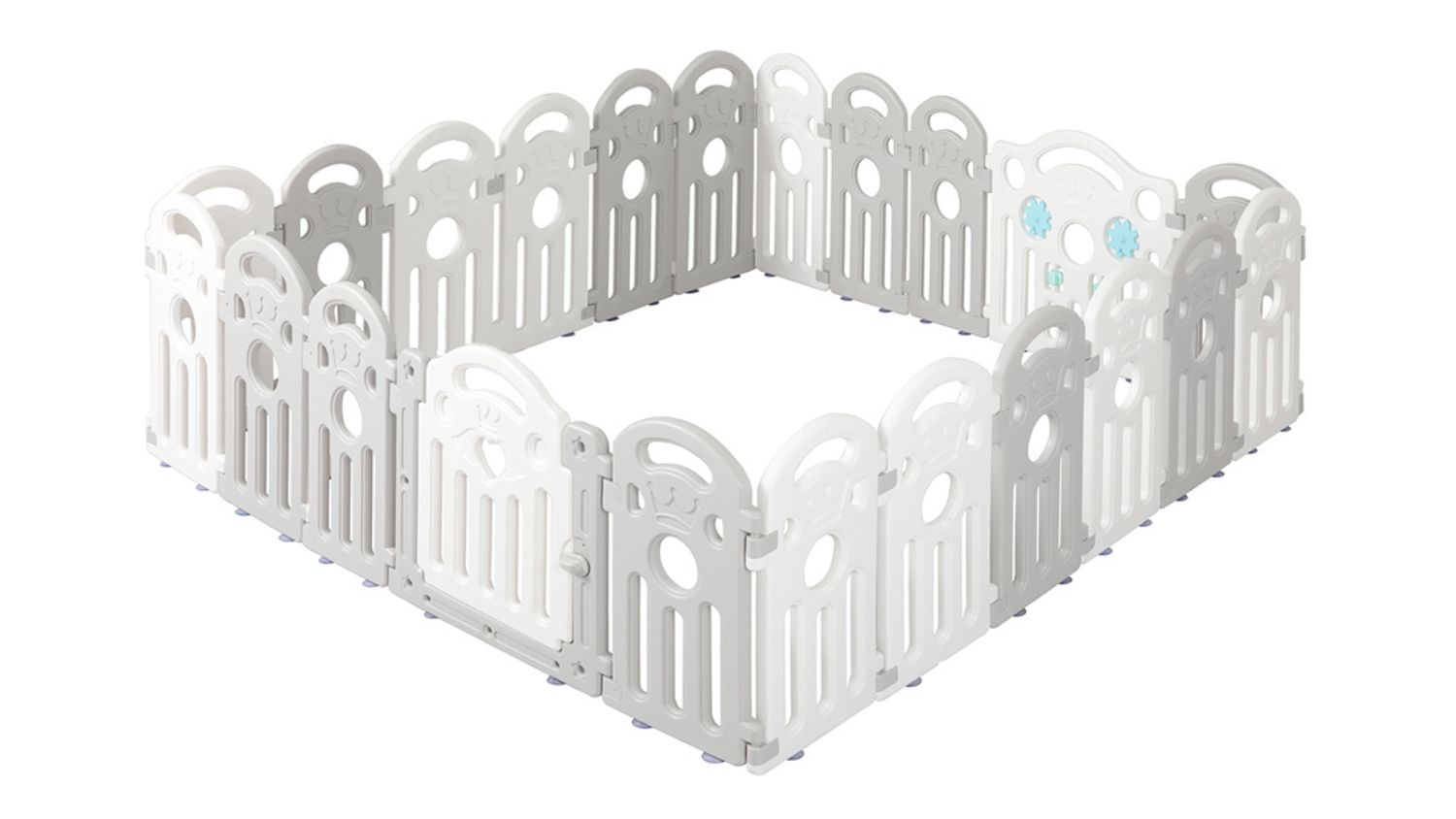 Angled view of the Bopeep plastic baby safety playpen with interlocking panels