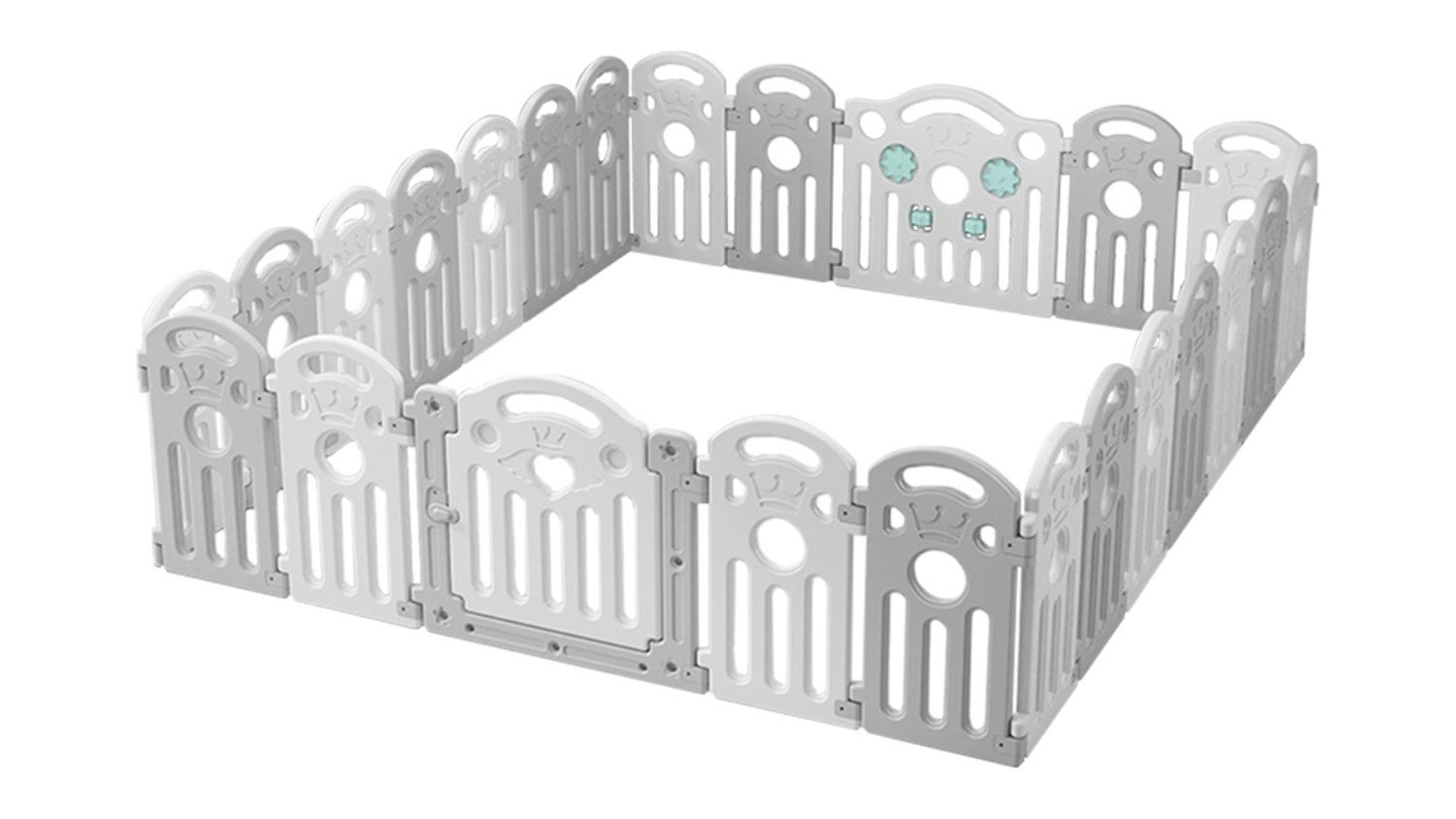Angled view of the Bopeep plastic baby safety playpen with interlocking panels