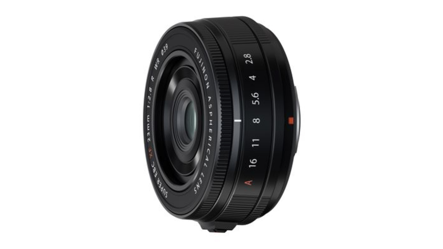 An angled view of the Fujifilm XF 23mm f/2.8 R WR Lens