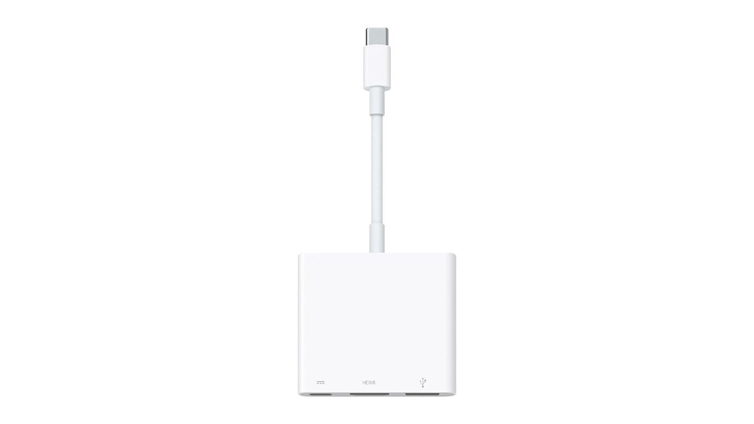 Overhead view of the white Apple USB-C Digital AV Multiport Adapter with integrated cable