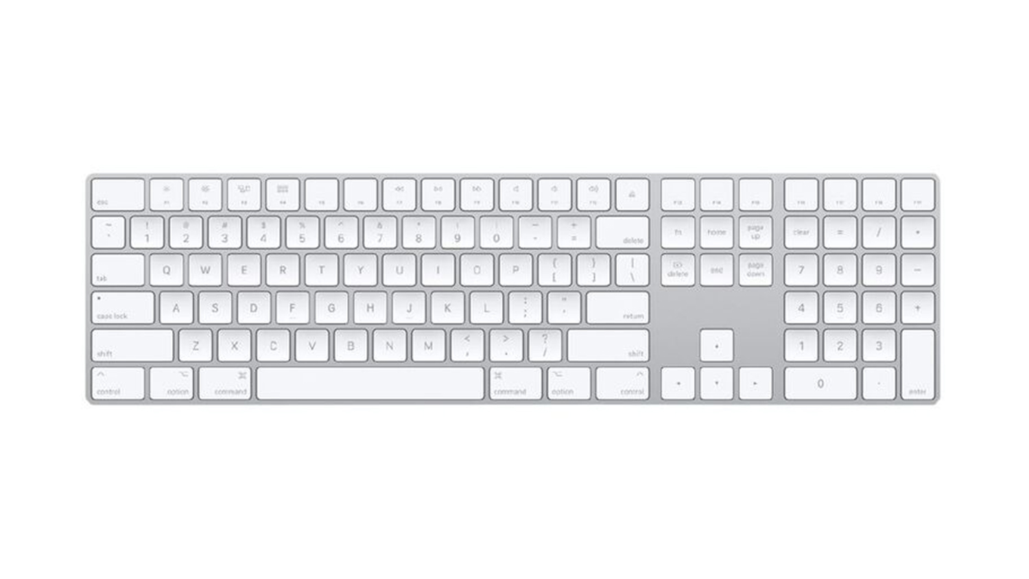 Top-down view of a silver Apple Magic Keyboard with Numeric Keypad and white keys