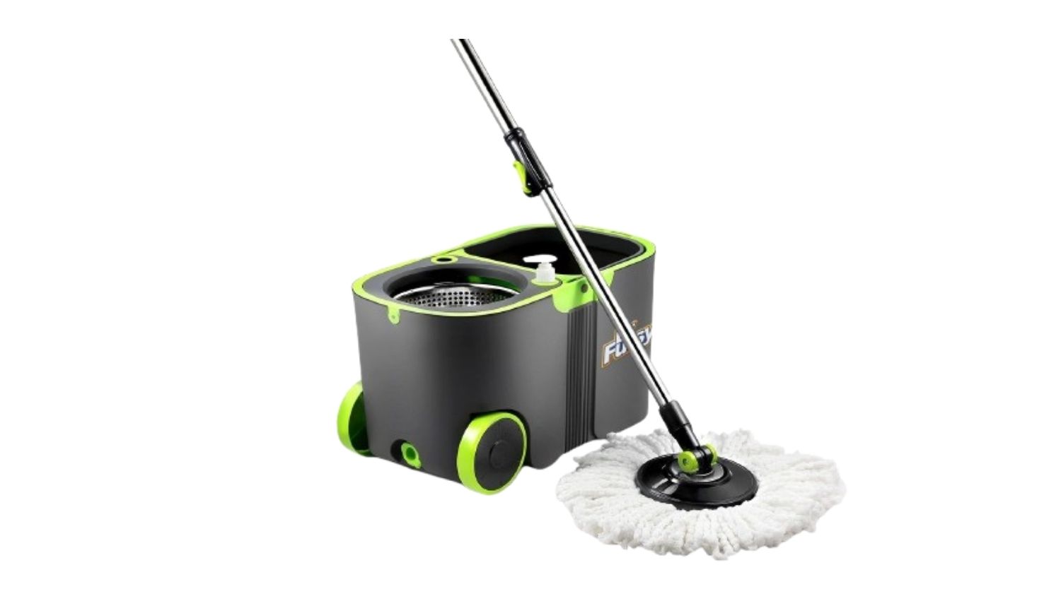 A side-by-side view of a spin mop and its bucket with rolling wheels in black and green finish