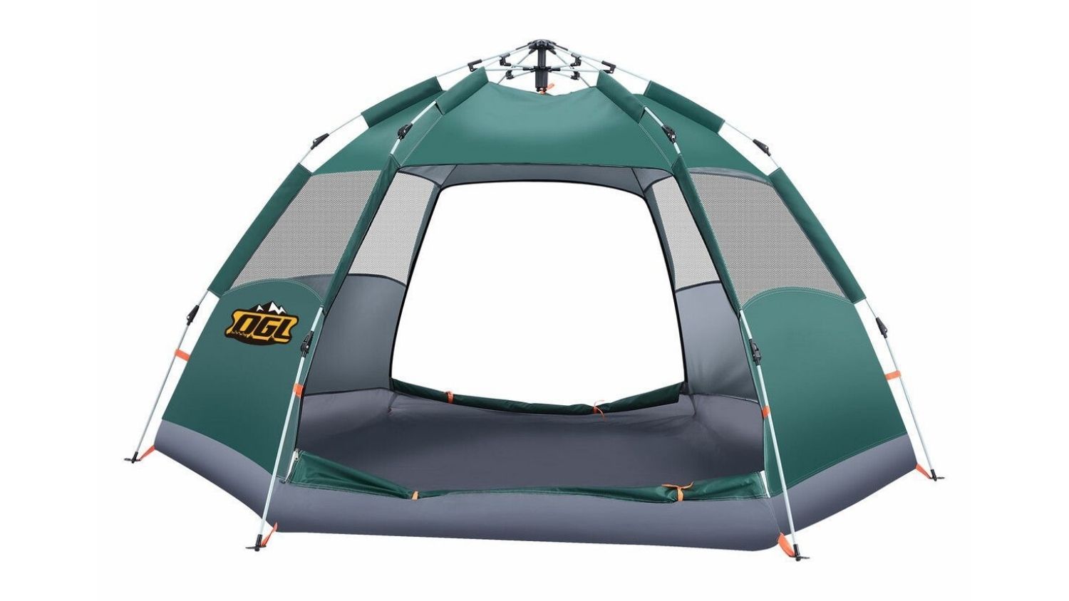 A front view of the 5-person pop‑up camping tent front view with wide entrance, mesh doors, sturdy frame, and spacious interior layout