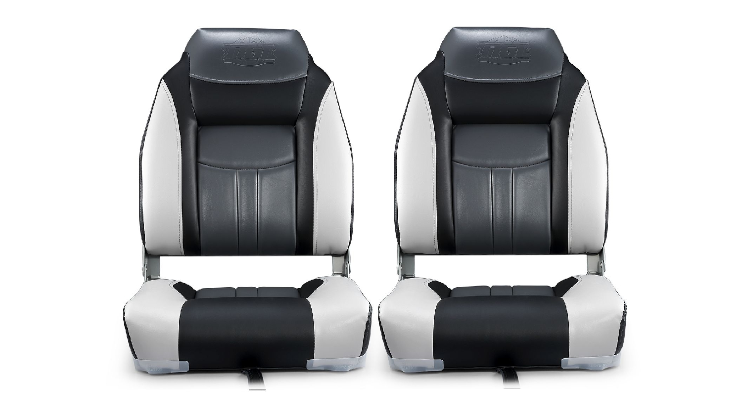Two black and grey padded OGL boat seats are shown side by side