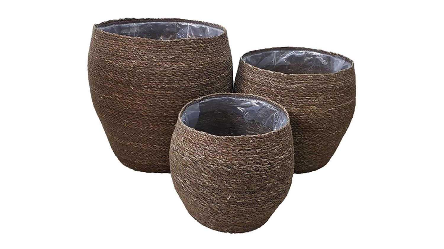 Three empty seagrass curved planters in varied sizes with plastic liners