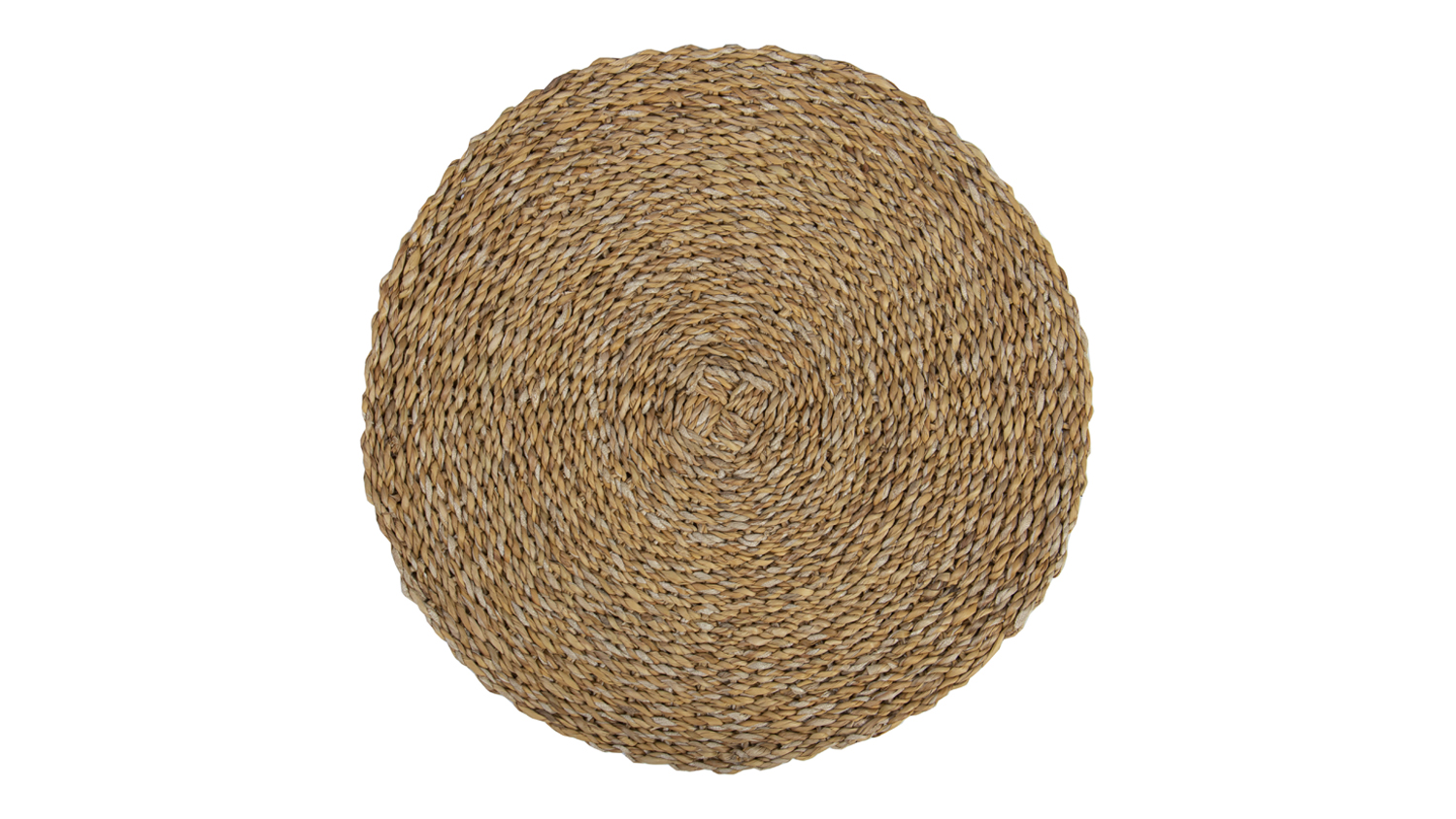 Top-down view of a round, woven seagrass placemat, measuring 40cm