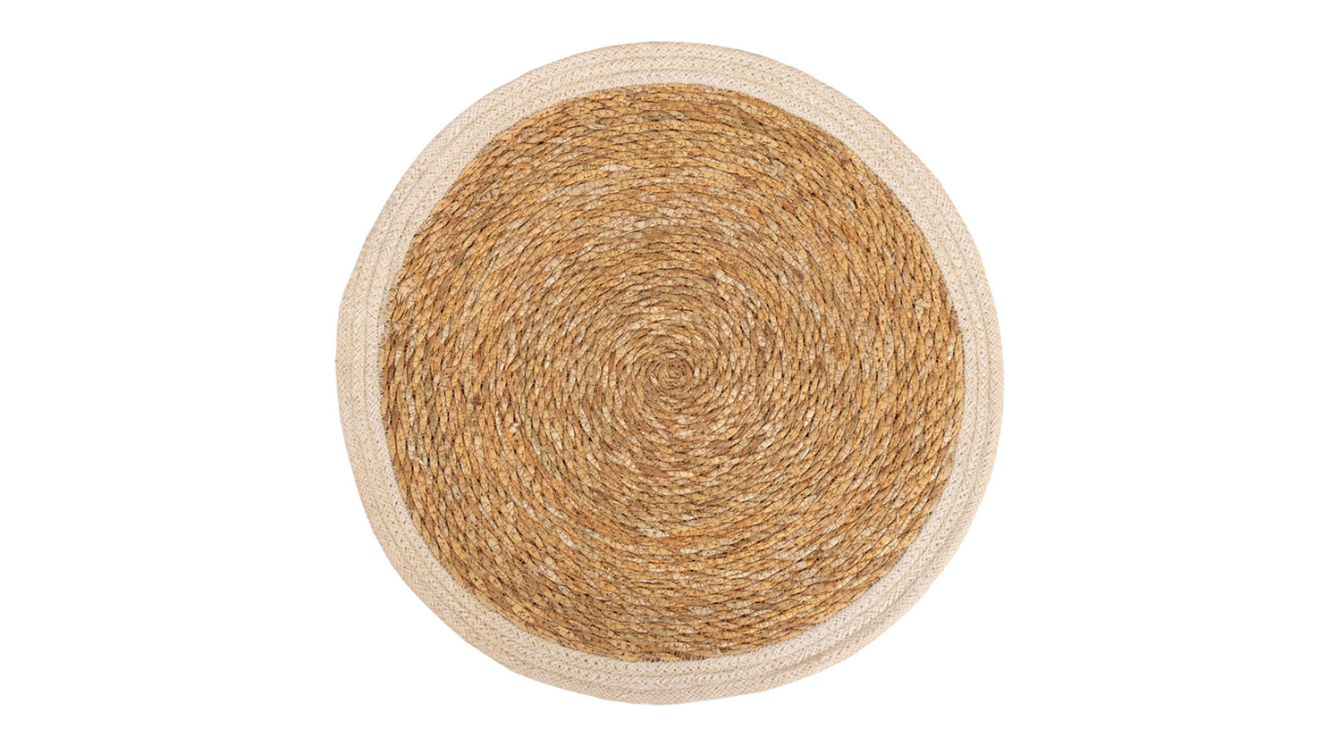 A full view of the Seagrass/Jute Round Placemat with Cream Border