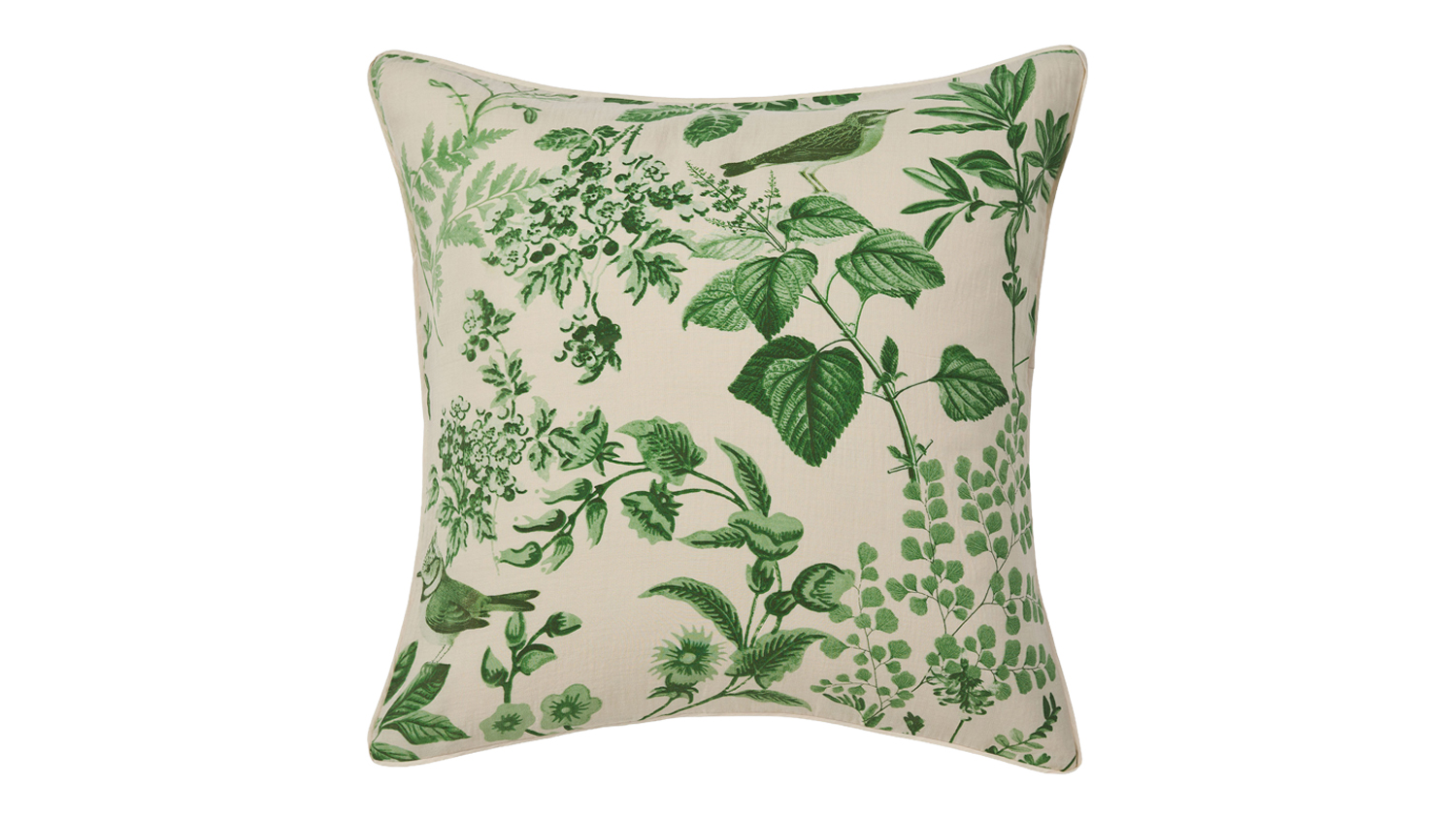 Square European pillowcase with a cream background featuring detailed green botanical illustrations