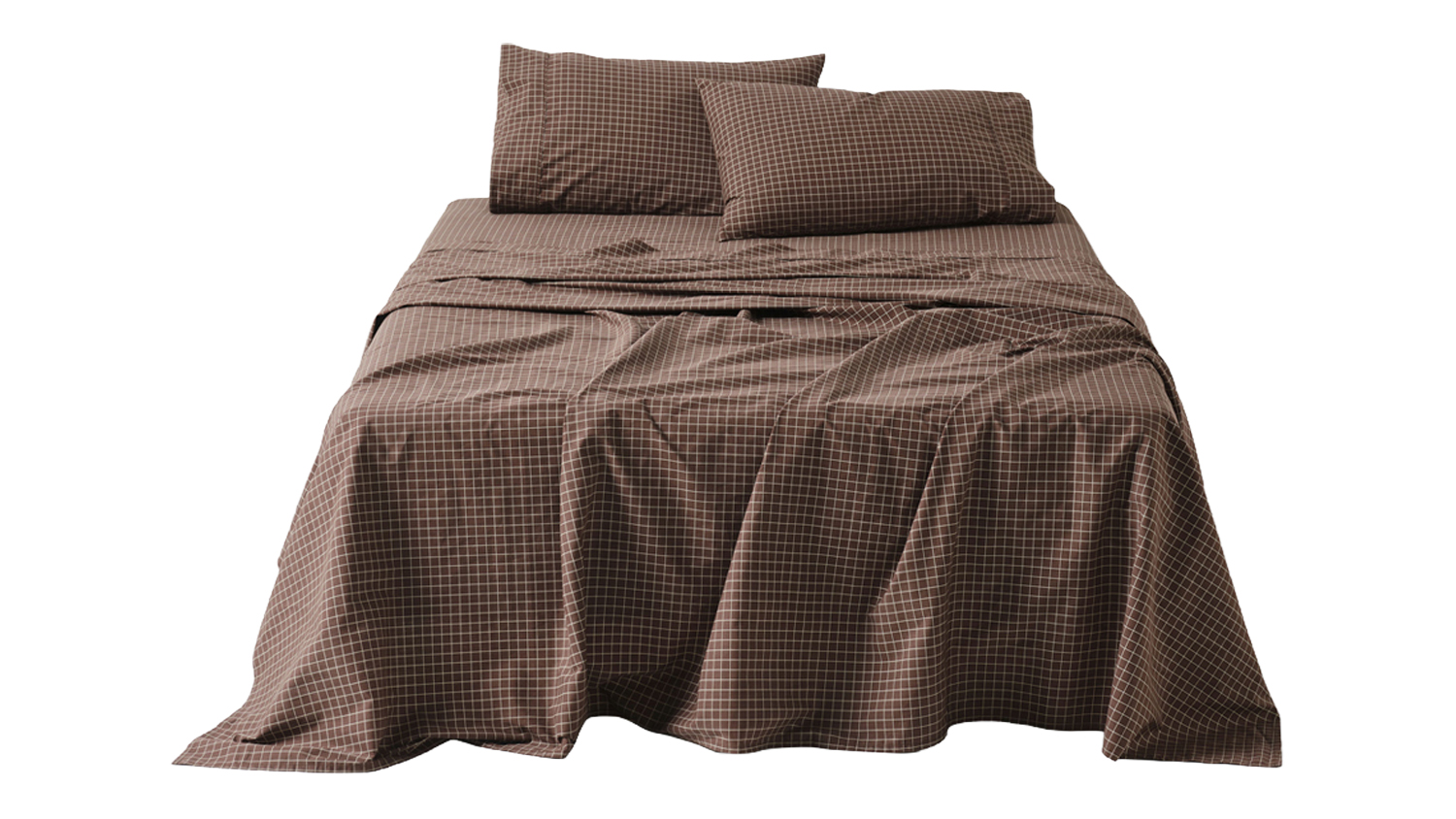 Bed styled with the Volley Check Chocolate sheet set featuring a deep brown base