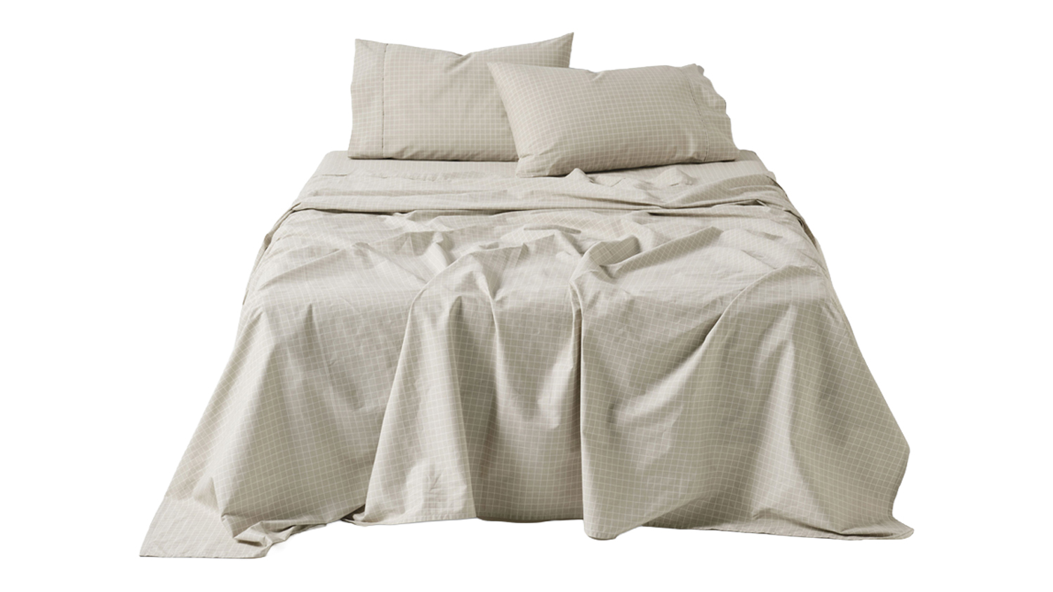 Bed styled with the Volley Check Pebble sheet set featuring a soft grey colour