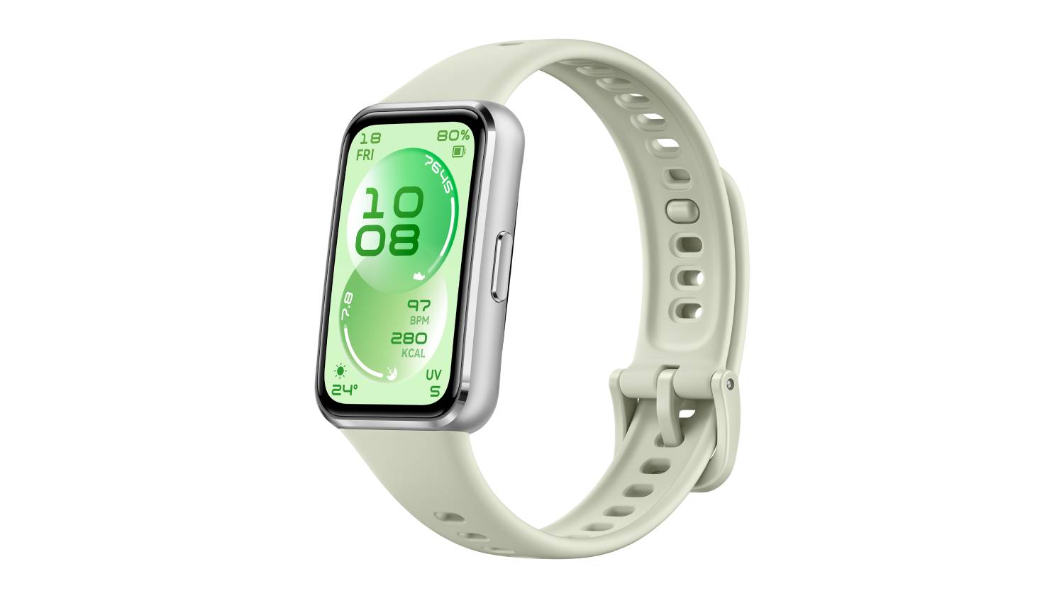 Angled view of the Huawei Band 11 with a green fluoroelastomer strap and aluminium case