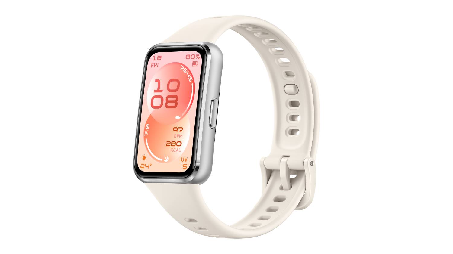 Angled view of the Huawei Band 11 showing its rectangular screen with a white fluoroelastomer strap