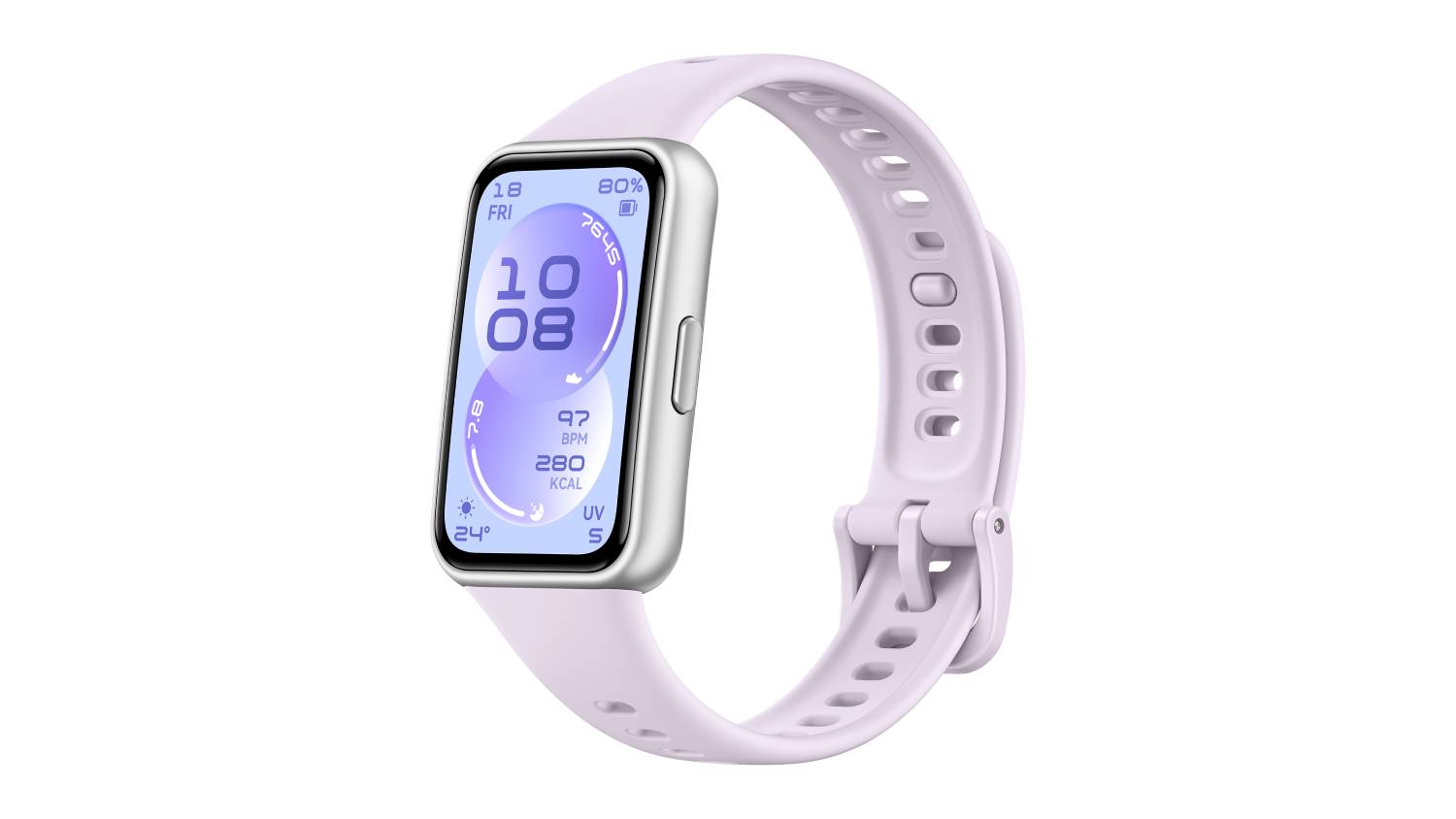 Angled view of the Huawei Band 11 with a purple fluoroelastomer strap and silver case