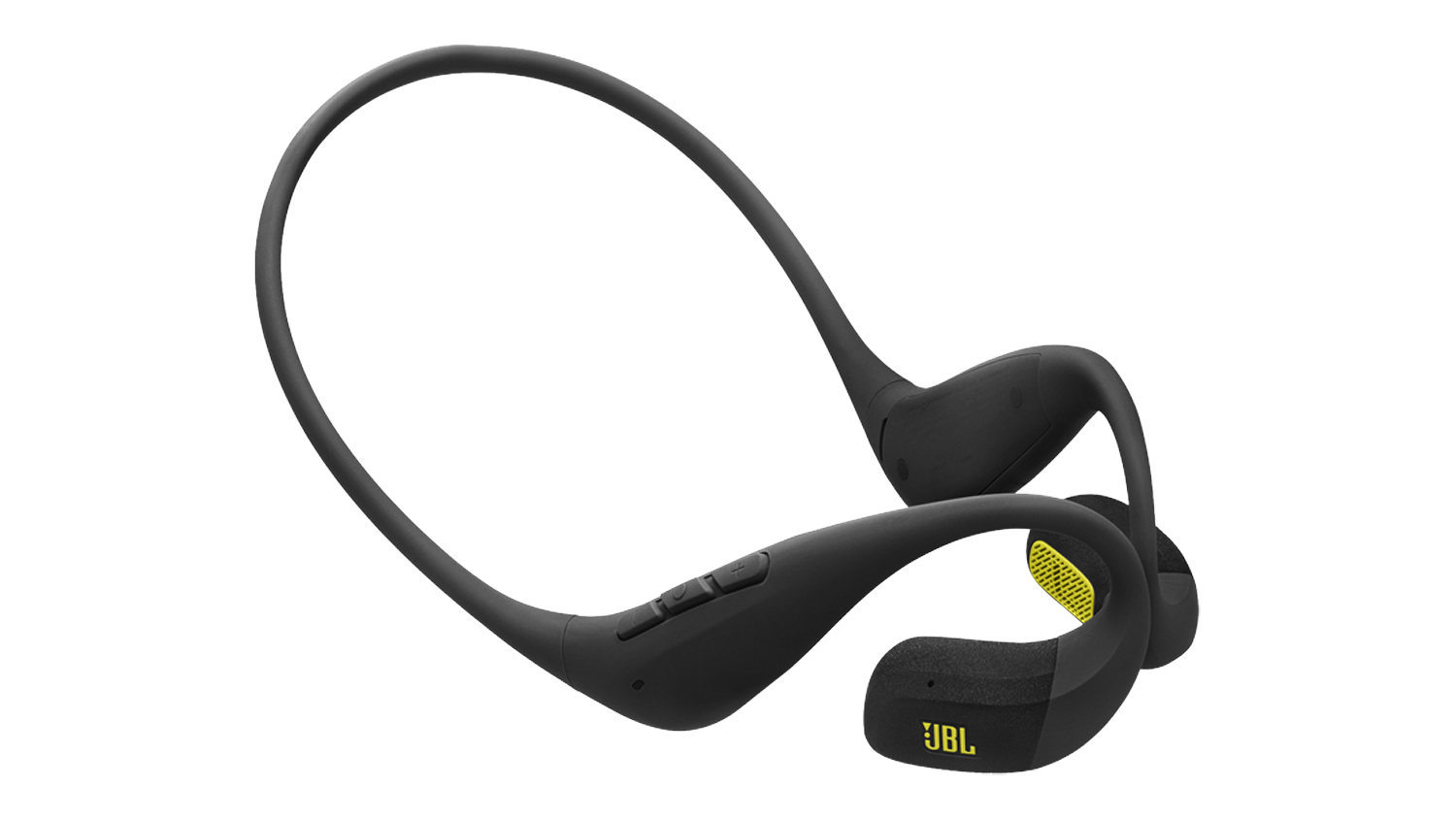 Black JBL Endurance Pace open‑ear headphones shown at an angle, featuring a flexible neckband