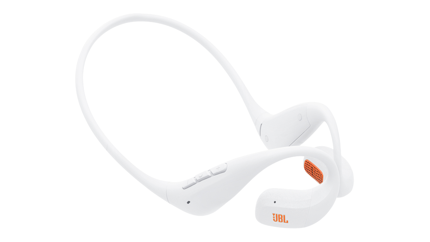 White JBL Endurance Pace open‑ear headphones shown at an angle, featuring a flexible neckband