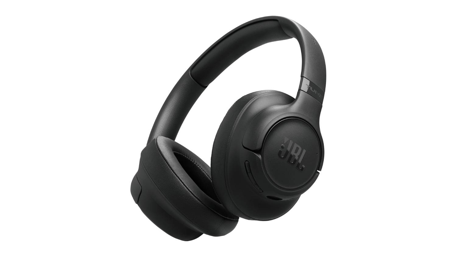 Angled view of black JBL Tune 730BT over‑ear headphones with padded earcups and the JBL logo