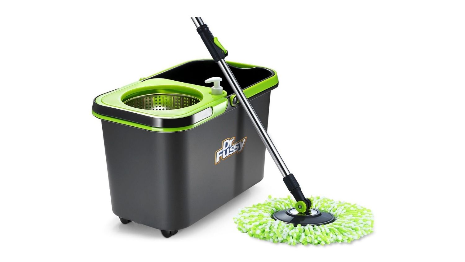 A side-by-side angled view of the Dr. Fussy Spin Mop and Bucket System in grey and black finish