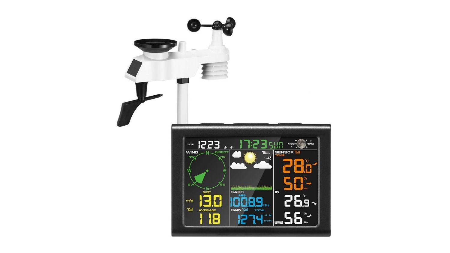 Maxkon wireless weather station with colour LCD and integrated outdoor sensor showing wind, rain, temperature, and humidity data