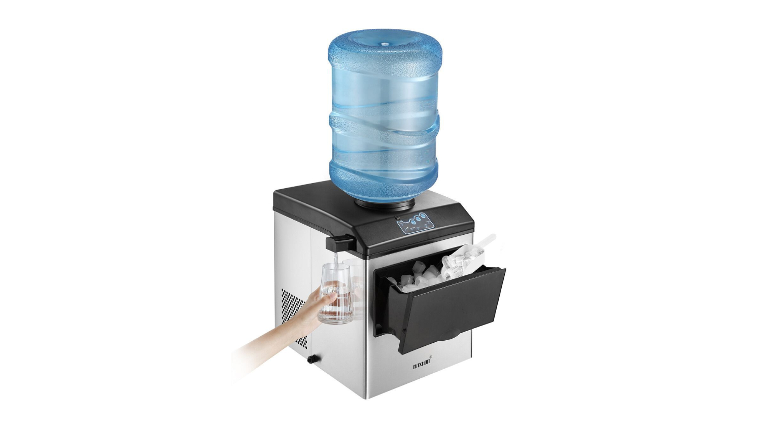 A Maxkon 22kg Benchtop Ice Maker with a large water bottle on top and a hand filling a glass with cold water