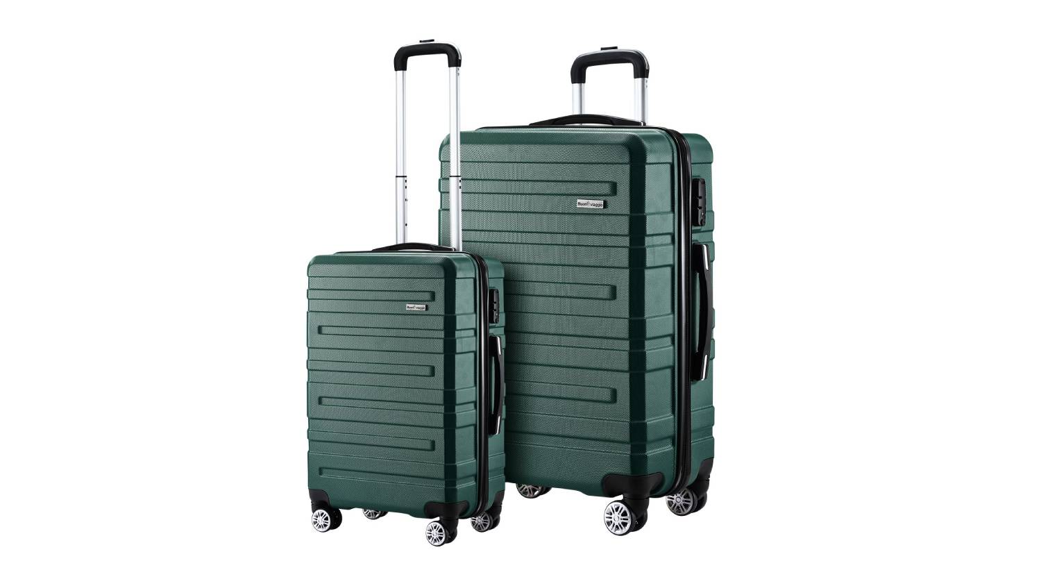 Dark green 20-inch and 28-inch hardshell suitcases standing side by side