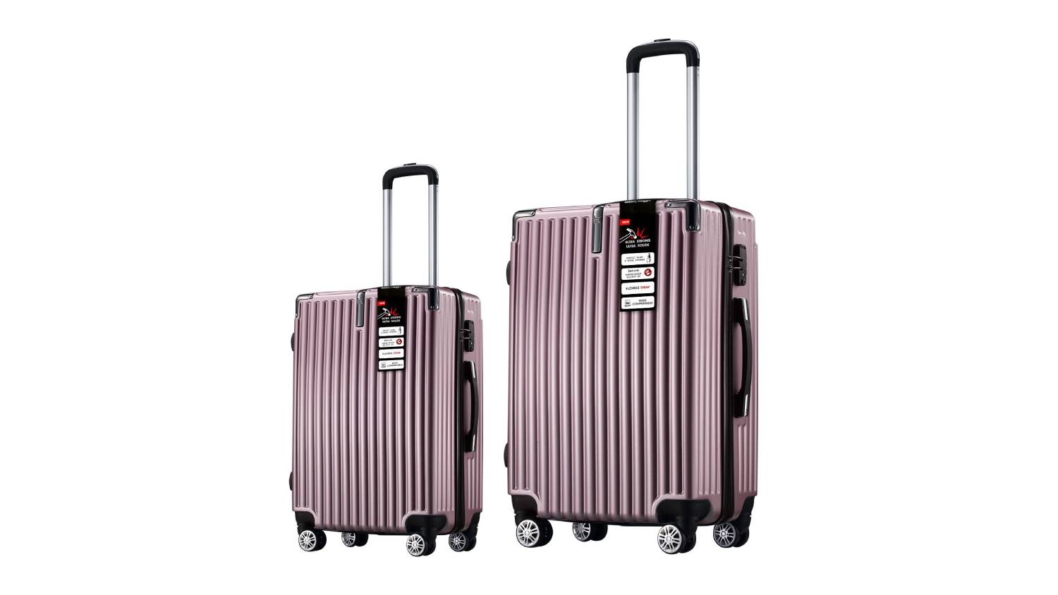 Two rose gold hardshell suitcases, 20‑inch and 28‑inch, standing upright with ridged texture