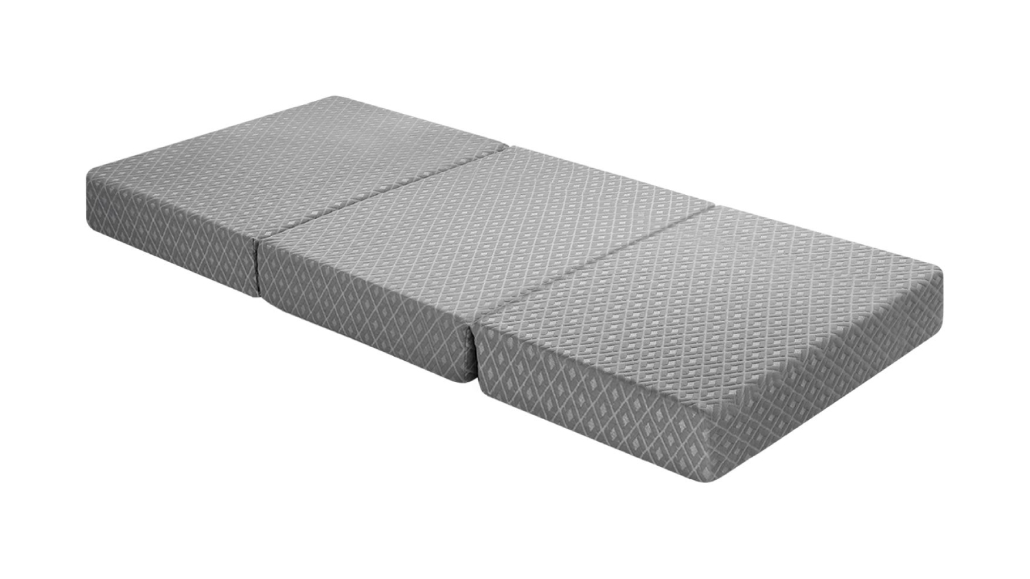 Grey Luxdream tri-fold mattress fully laid flat with a diamond-patterned cover