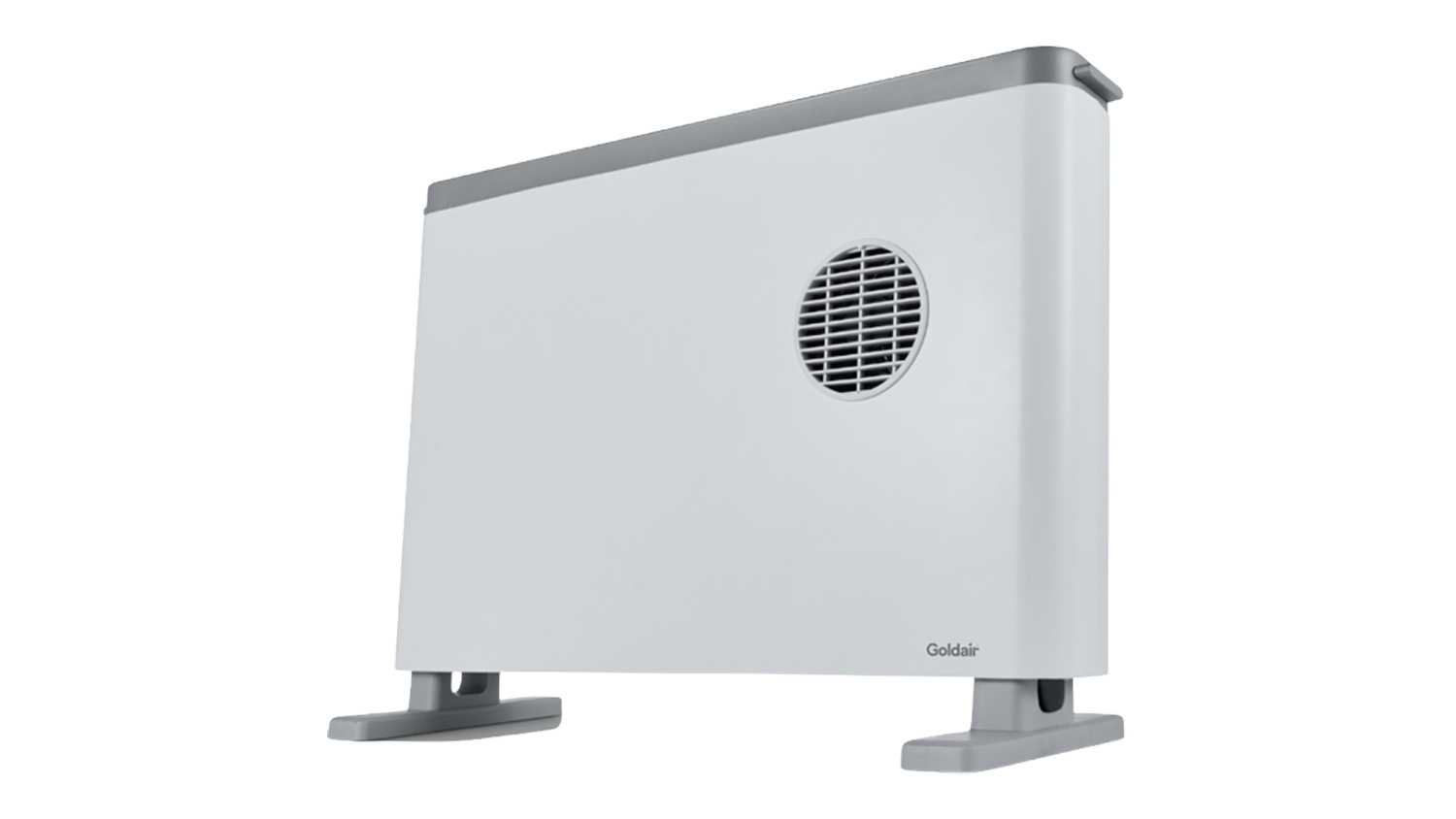 White Goldair 2000W convector heater with grey trim shown at a slight angle