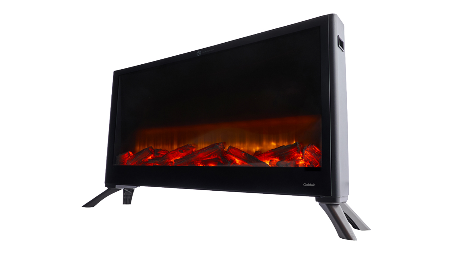 Black Goldair 2000W flame‑effect convector heater showing a wide front display with glowing ember logs