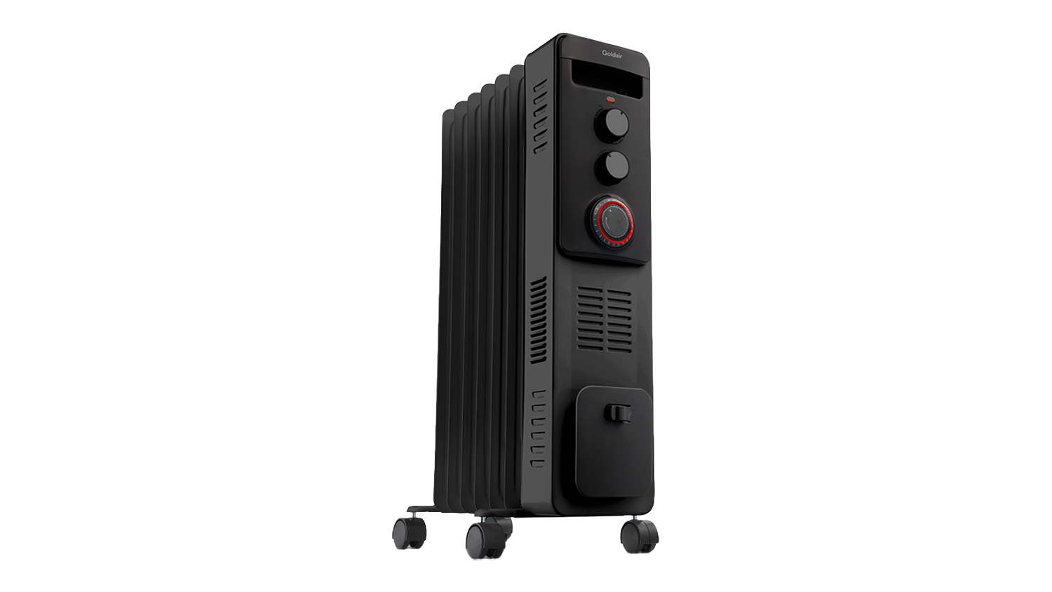 Angled Black Goldair 1900W 7‑fin oil column heater, featuring multiple fins, vents, and four caster wheels
